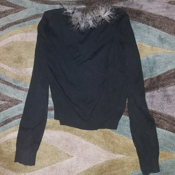 90's clueless style black cardigan with grey marabou trim - Picture 2 of 3